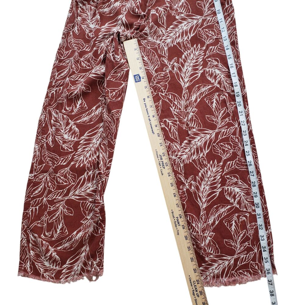 Cathy Linen Blend Pants Womens Small Rust Leaf Print Hawaiian Tropical Raw Hem - Picture 6 of 8